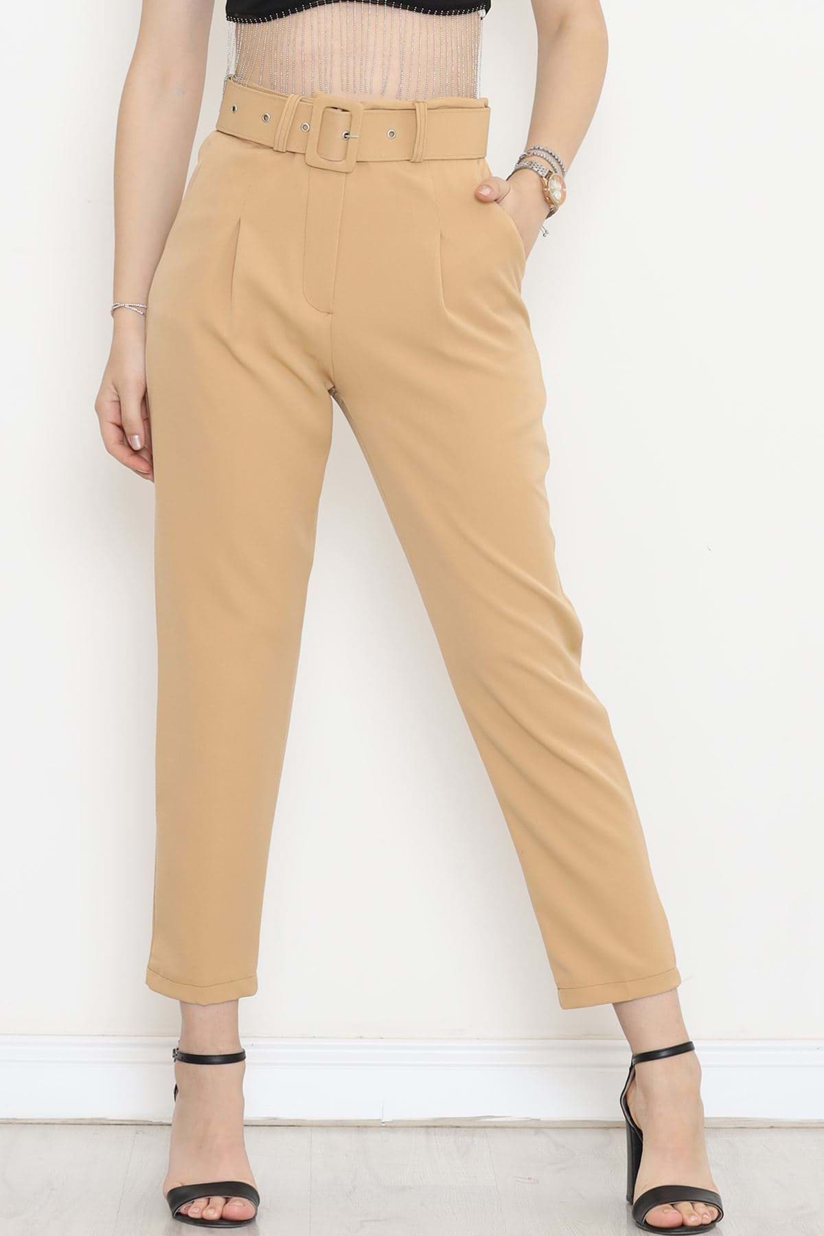 Kemerli Pileli Pantolon Açıkkahve - 20318.683. resmi