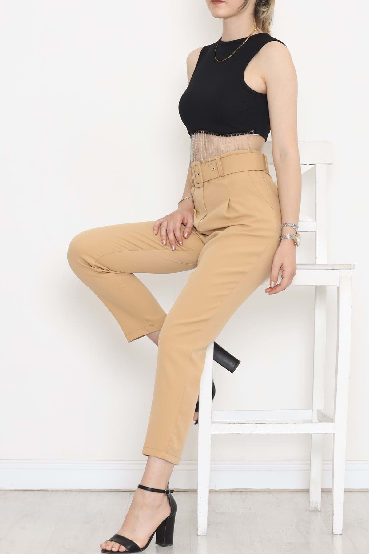 Kemerli Pileli Pantolon Açıkkahve - 20318.683. resmi
