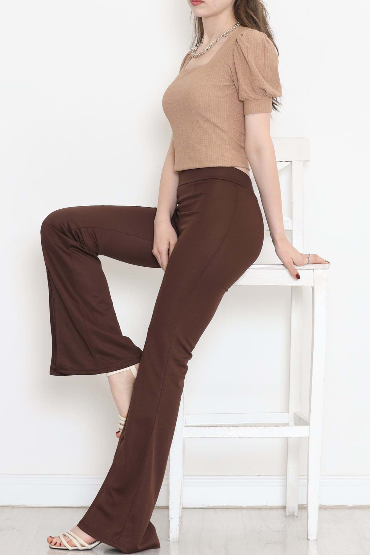 Yırtmaçlı İspanyol Paça Pantolon Kahve - 16702.1355. resmi