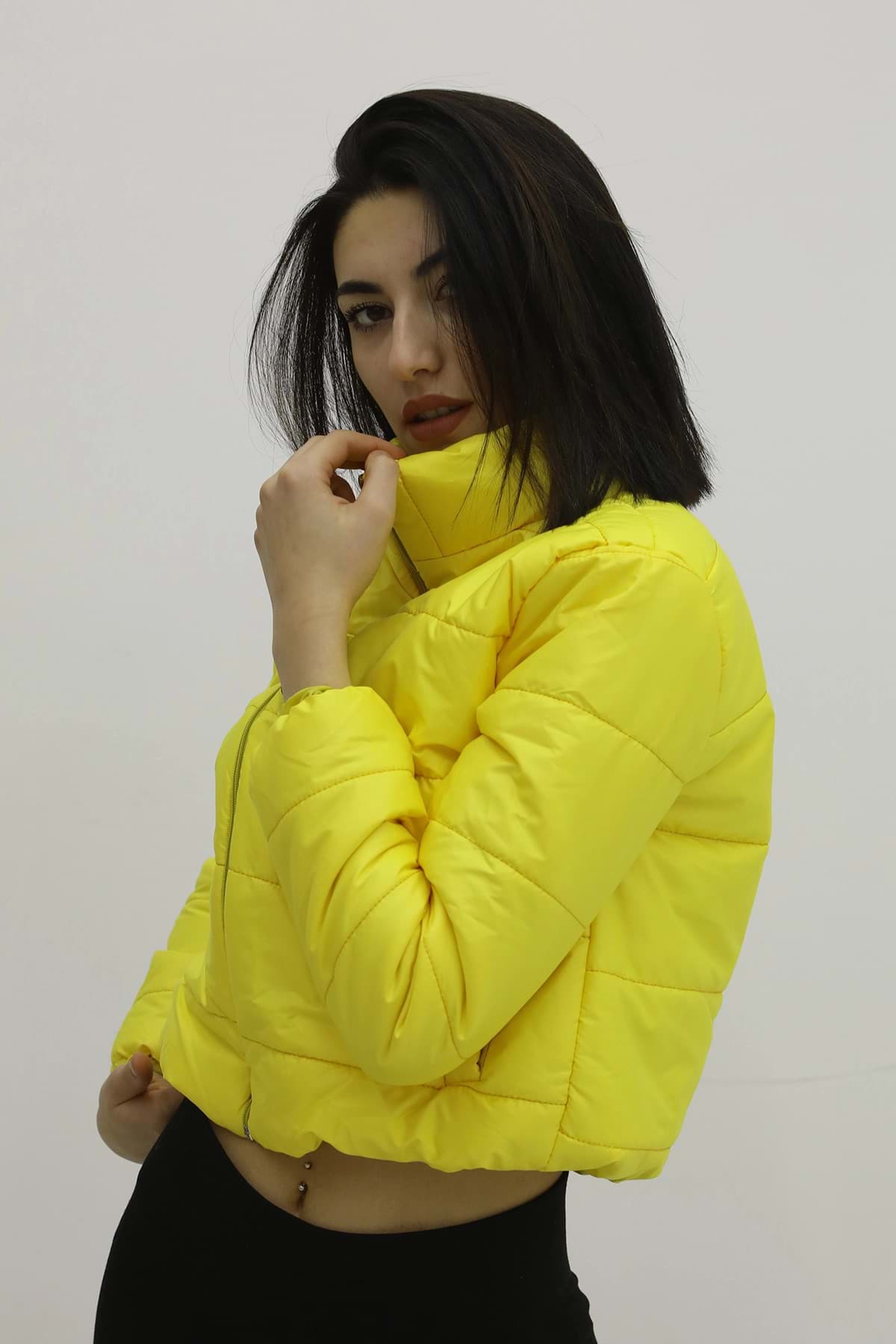 Fermuarlı Çift Cepli Şişme Mont Sarı - Lks9294 resmi