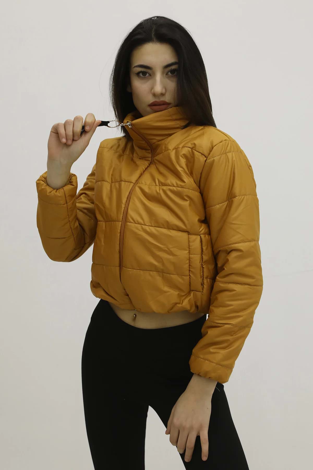 Fermuarlı Çift Cepli Şişme Mont Taba - Lks9294 resmi