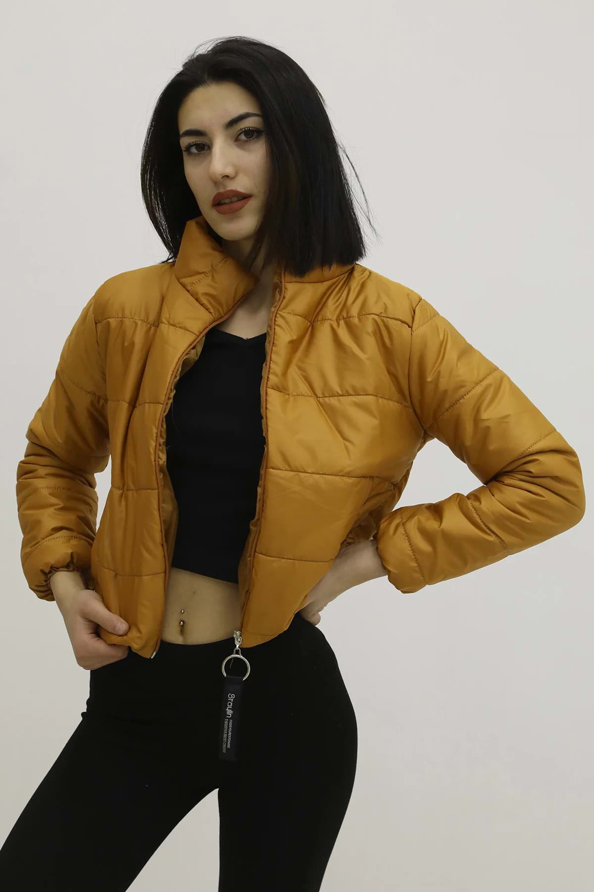 Fermuarlı Çift Cepli Şişme Mont Taba - Lks9294 resmi