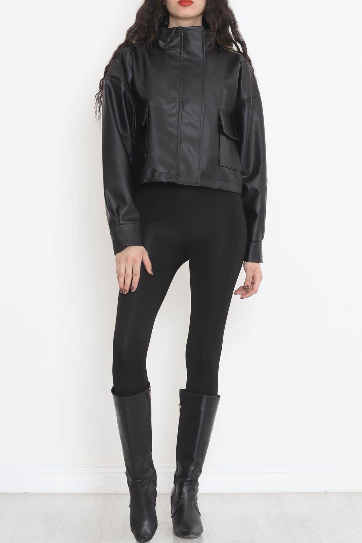 Çift Cepli Crop Deri Ceket Siyah - 1909.146. resmi