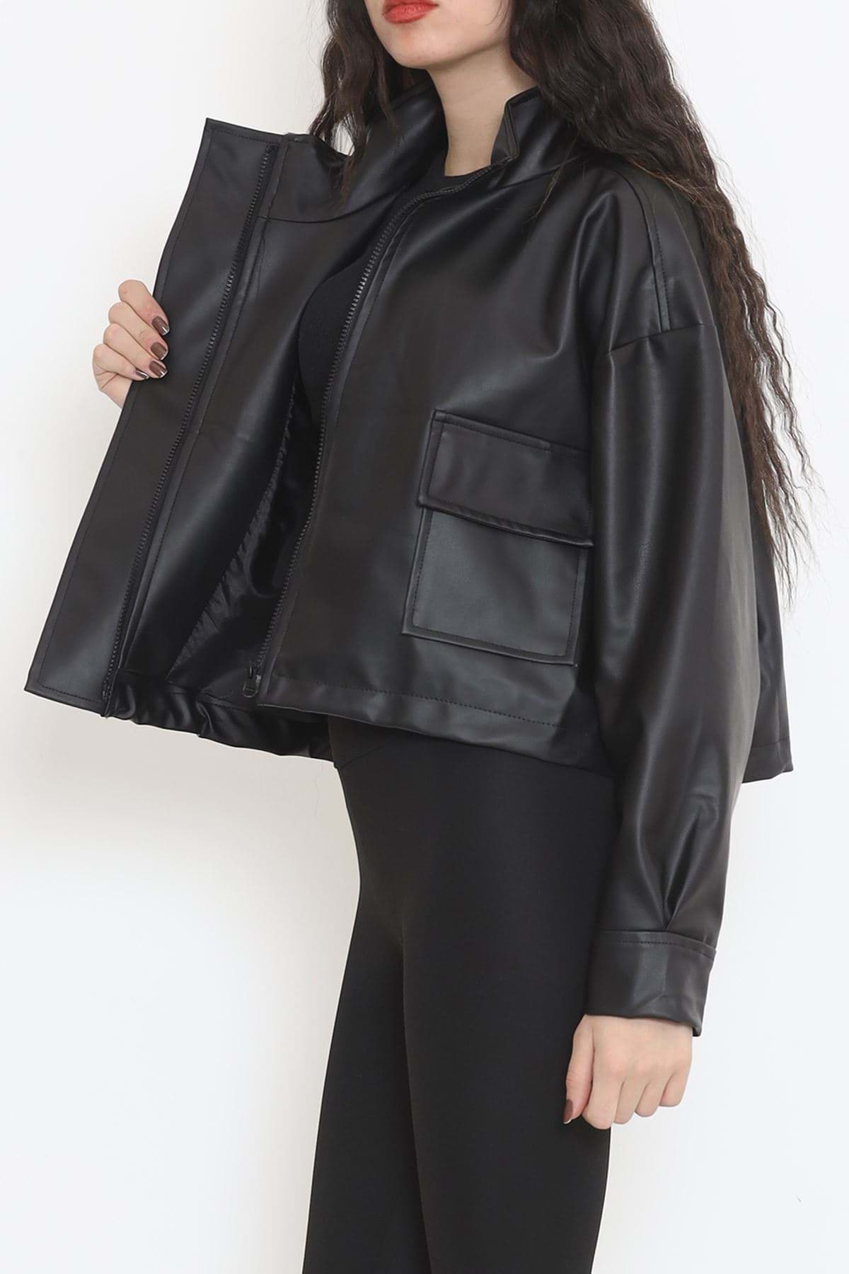 Çift Cepli Crop Deri Ceket Siyah - 1909.146. resmi