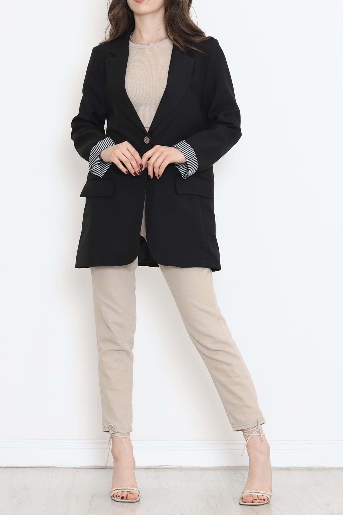 Kol Astarı Çizgili Ceket Siyah - 18299.1322. resmi