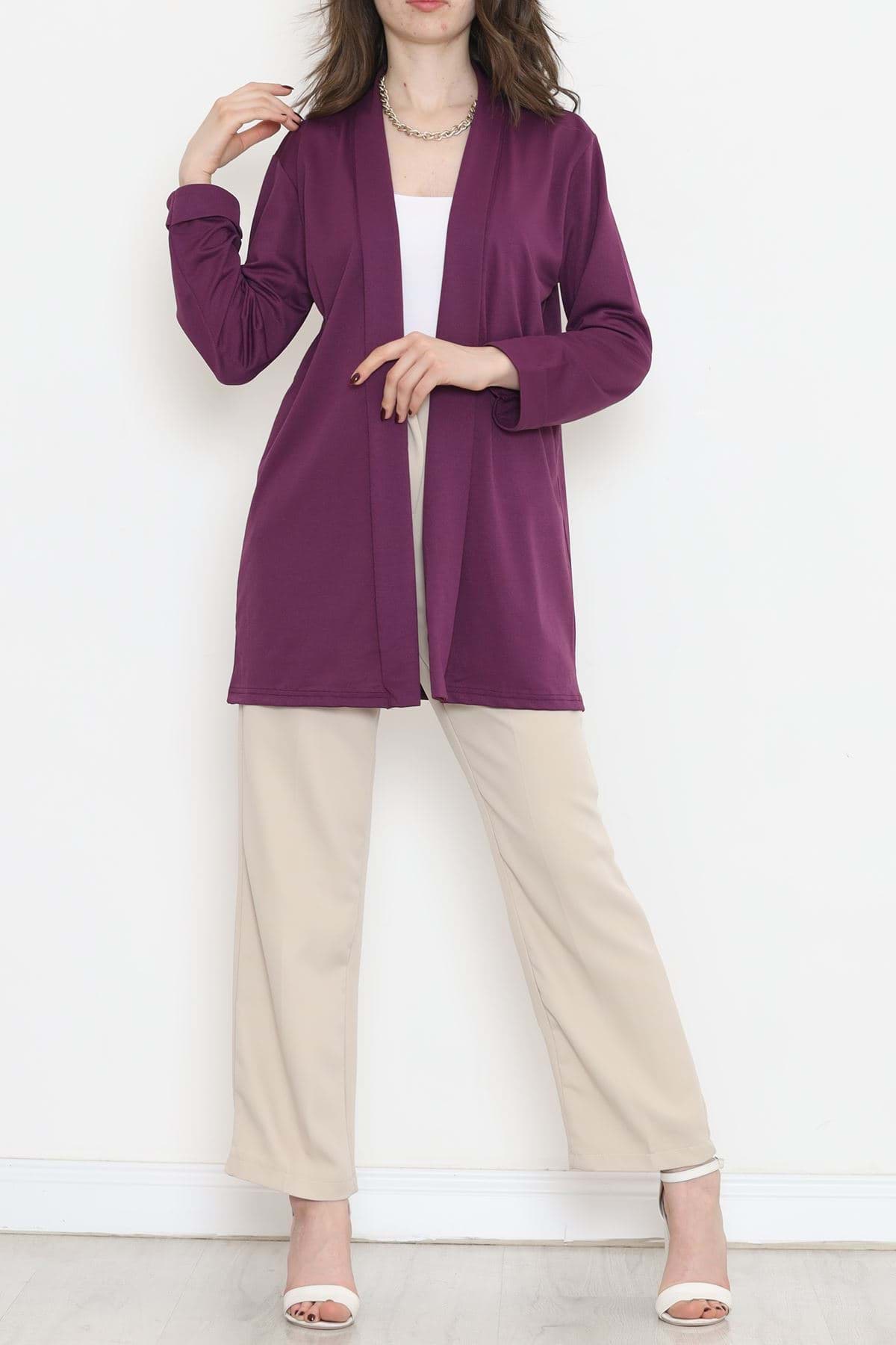 Örme Krep Uzun Ceket Mor - 15052.1095. resmi