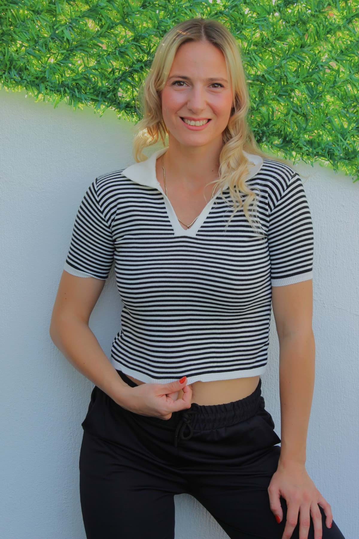 Polo Yaka Çizgili Tişört Siyah - 140.055 resmi