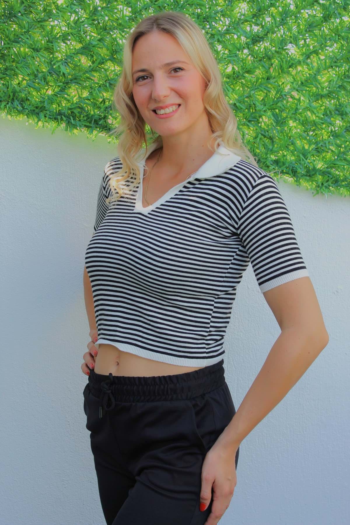 Polo Yaka Çizgili Tişört Siyah - 140.055 resmi