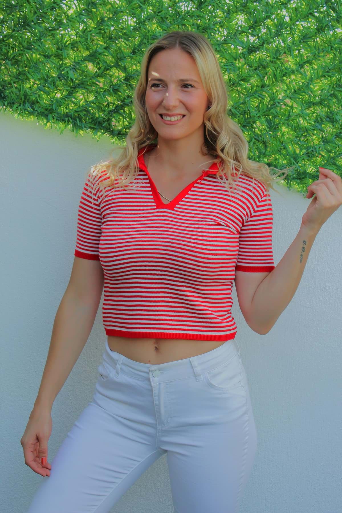 Polo Yaka Çizgili Tişört Kırmızı - 140.055 resmi