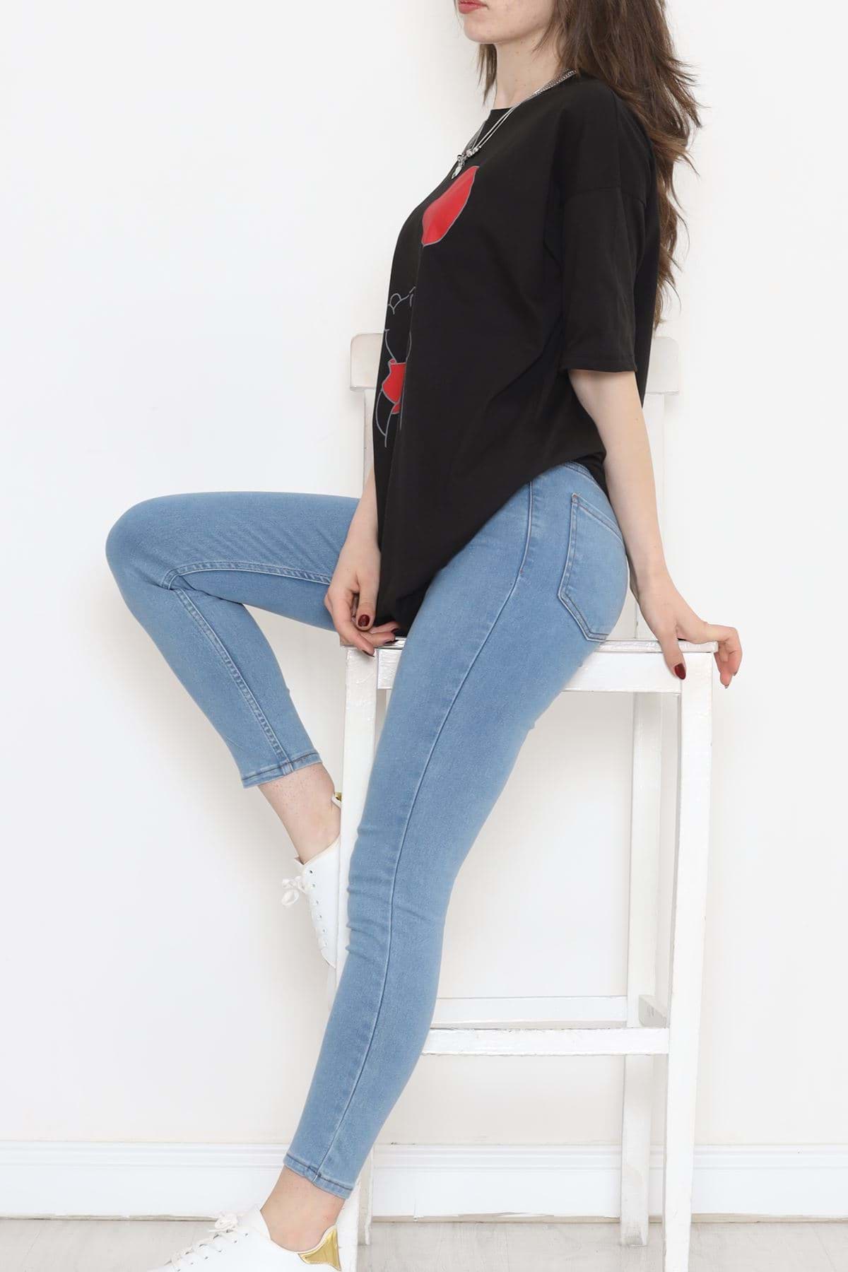 Baskılı Oversize Tişört Siyah - 16495.1567. resmi