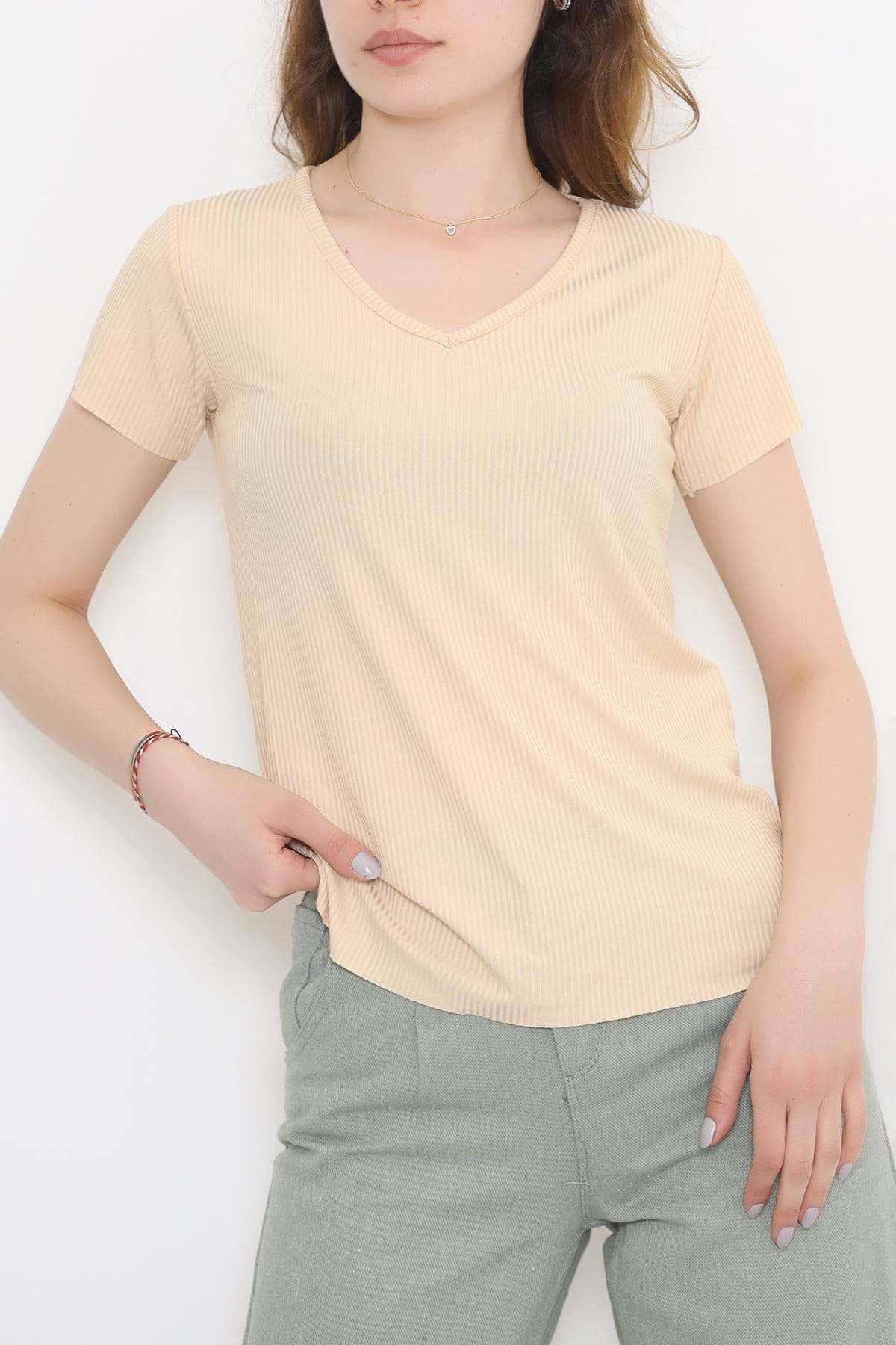 V Yaka Kaşkorse Tişört Bej - 1988.555. resmi