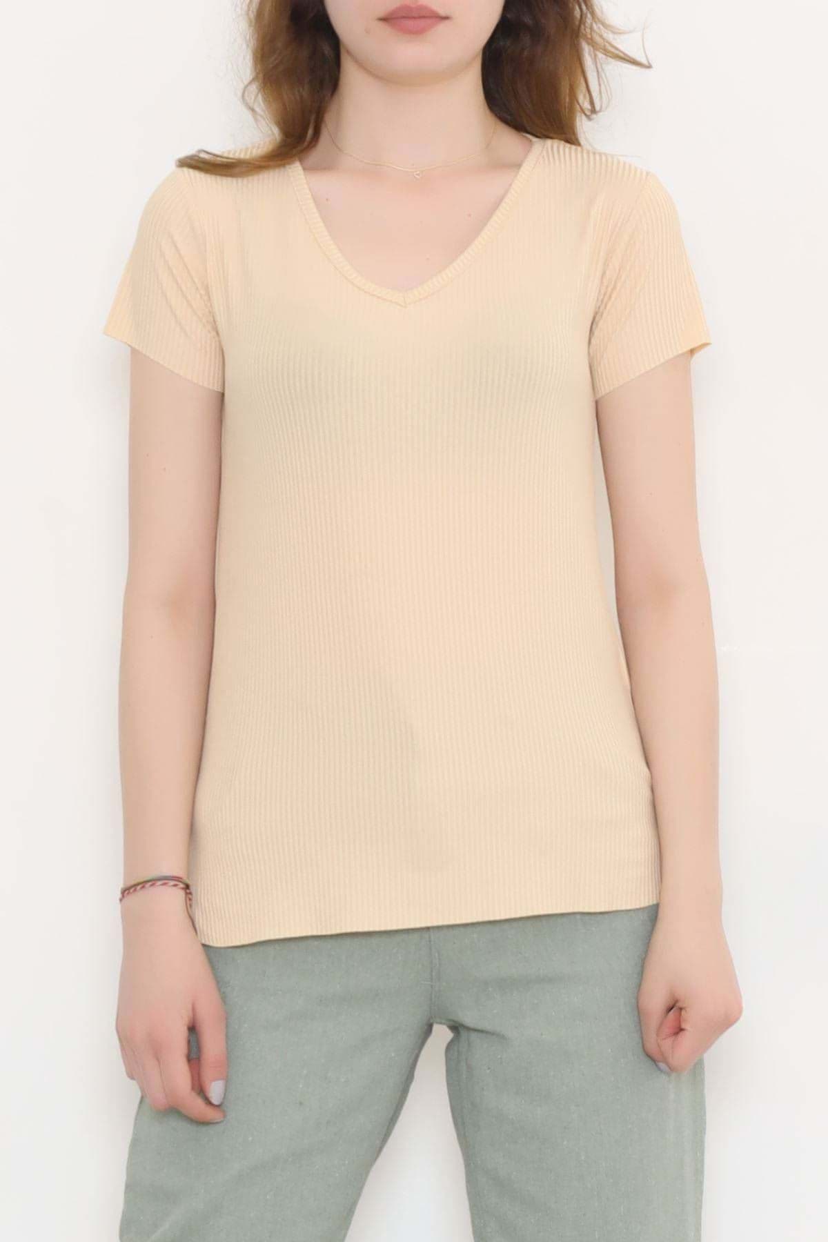 V Yaka Kaşkorse Tişört Bej - 1988.555. resmi