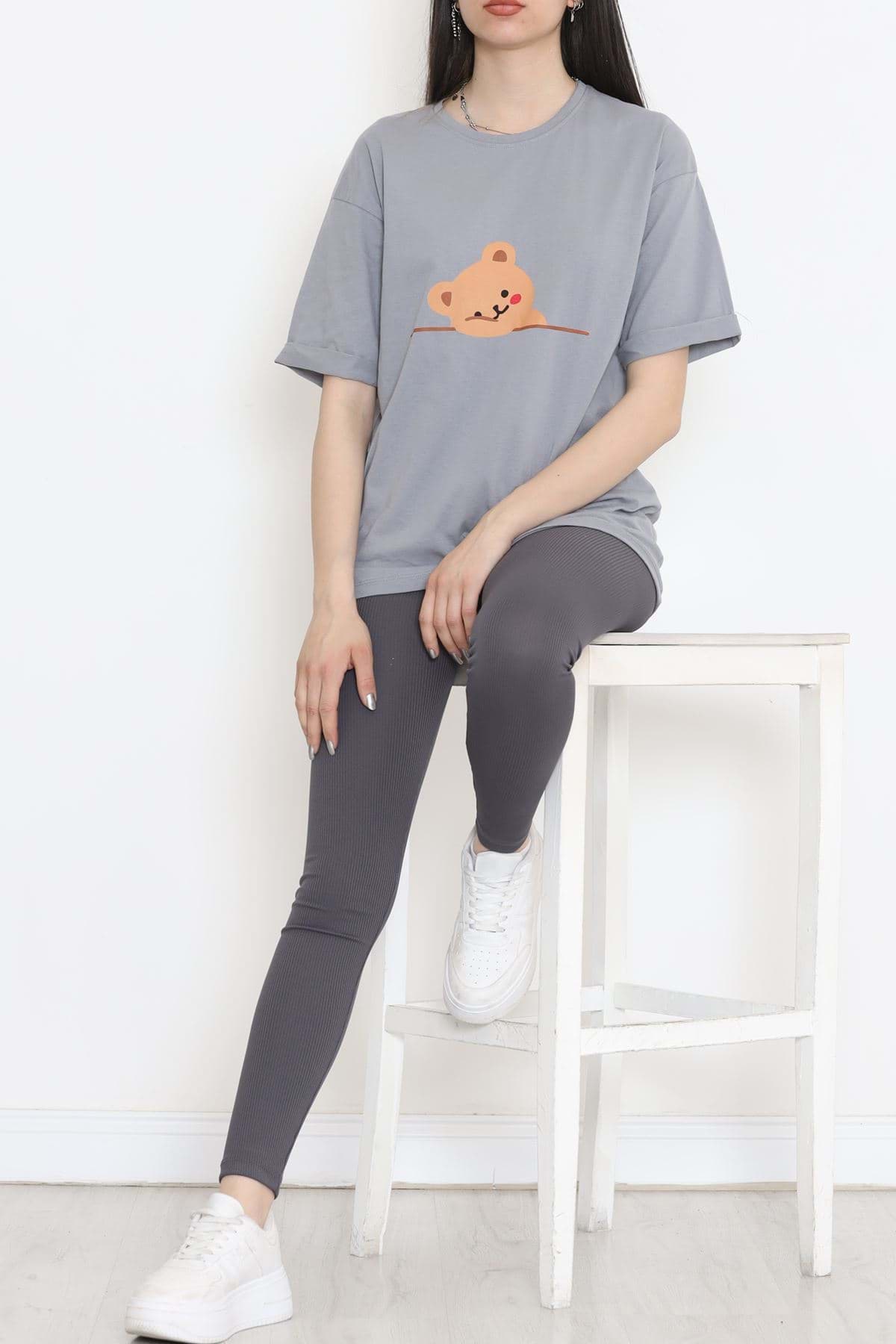 Duble Kol Baskılı Tişört Koyugri - 16533.1567. resmi