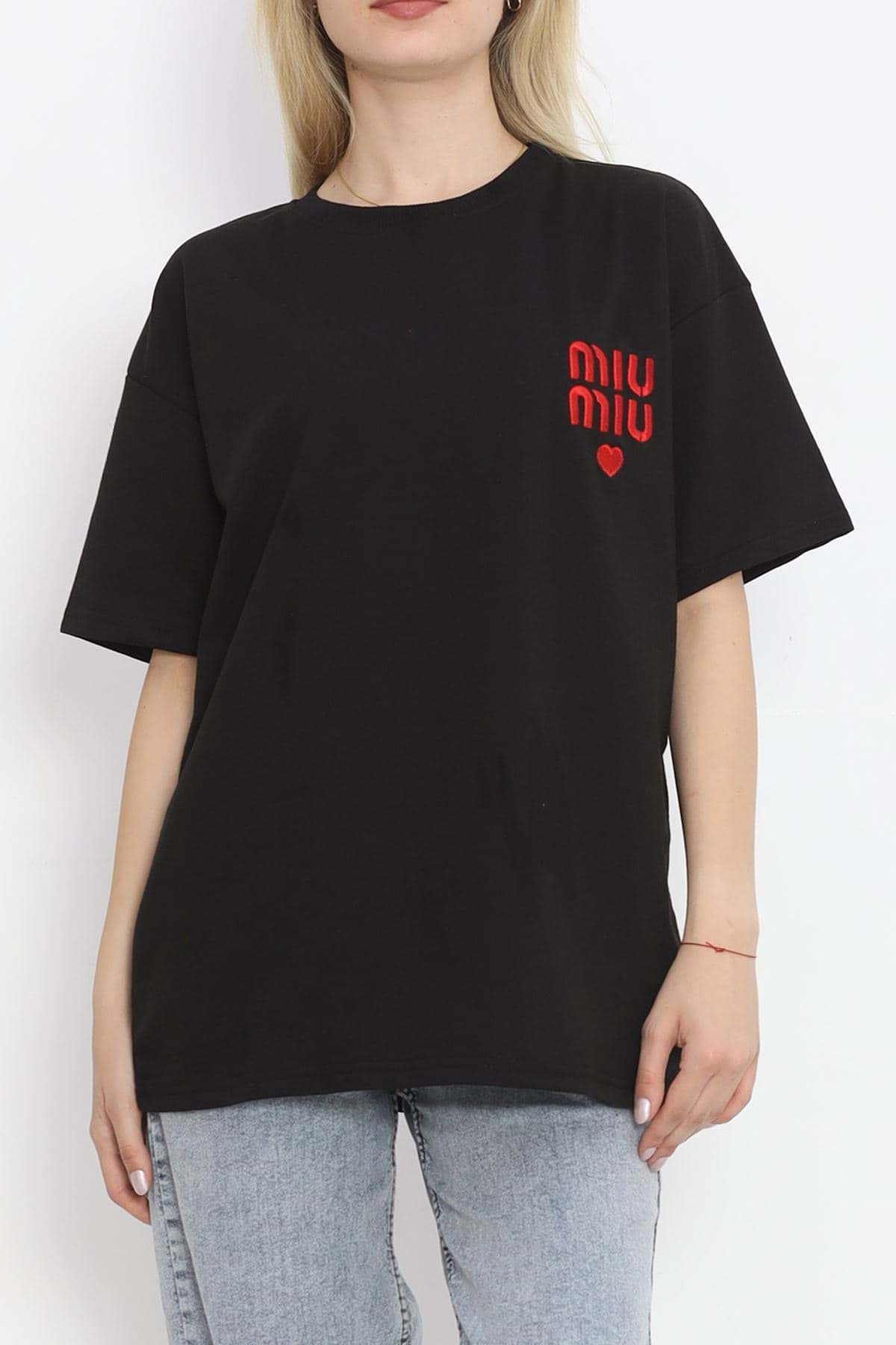 Nakışlı İki İplik Tişört Siyah - 18743.751. resmi