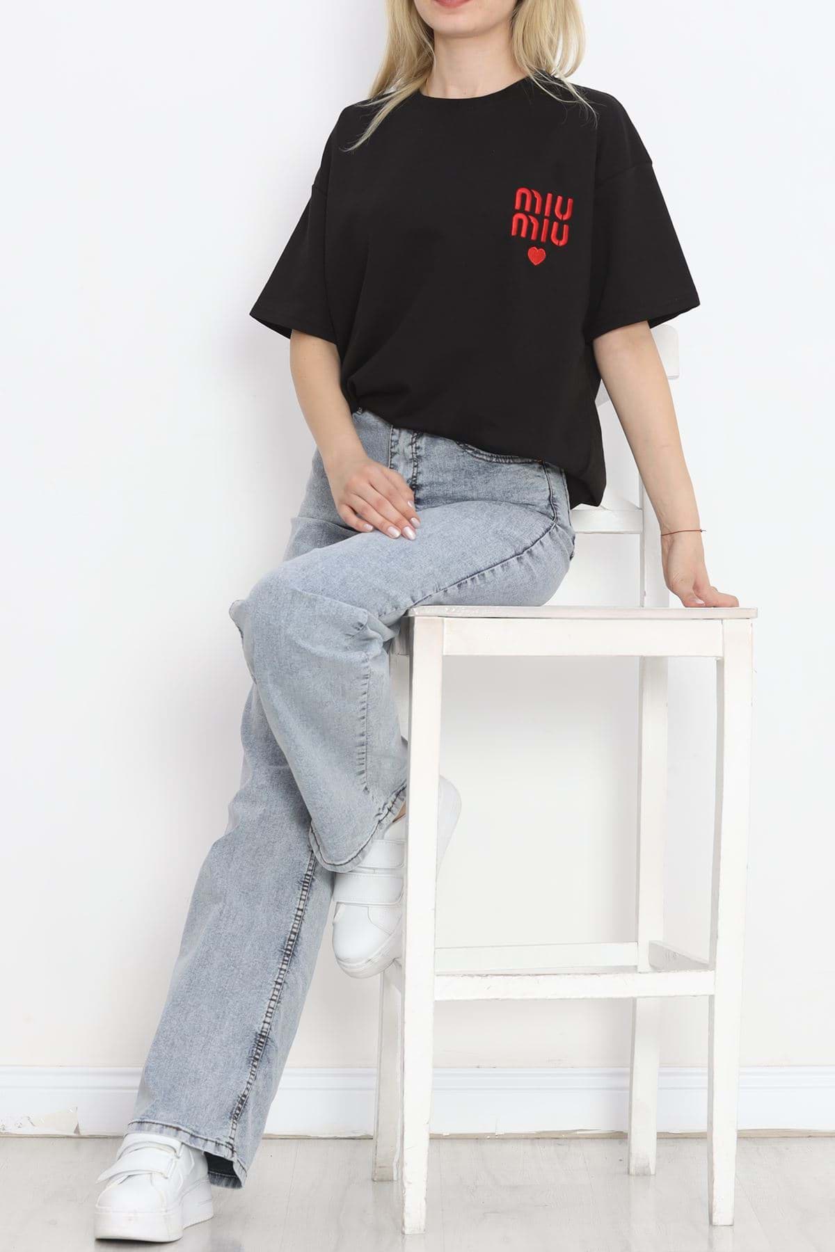 Nakışlı İki İplik Tişört Siyah - 18743.751. resmi