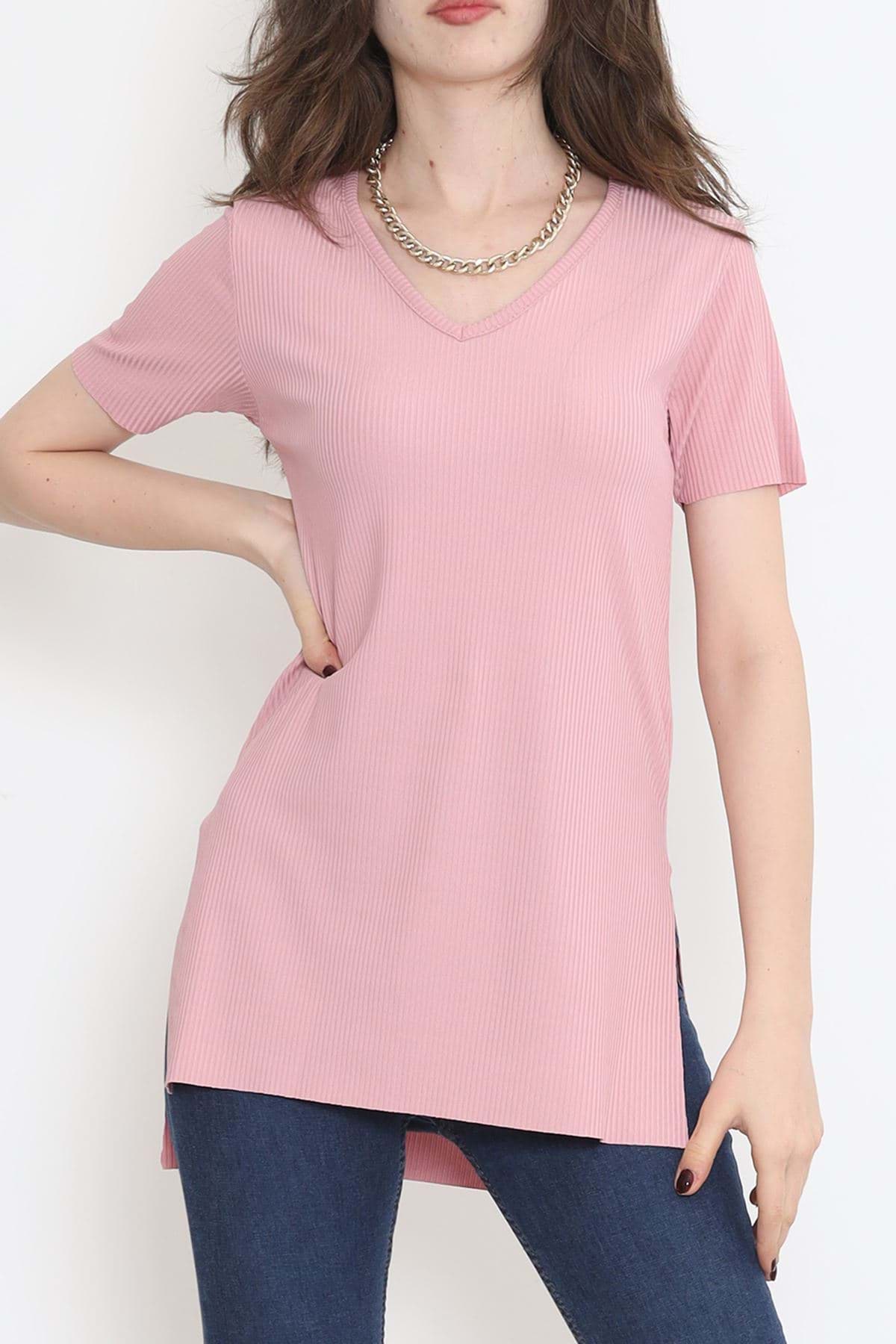 V Yaka Yırtmaçlı Tişört Pudra - 1998.555. resmi