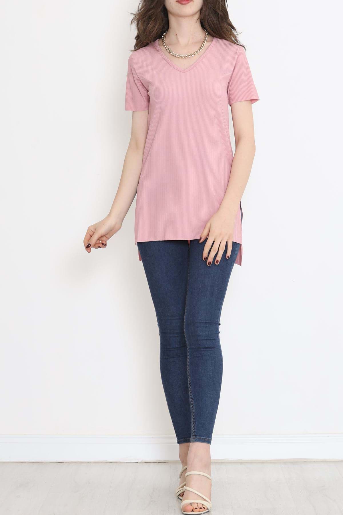 V Yaka Yırtmaçlı Tişört Pudra - 1998.555. resmi