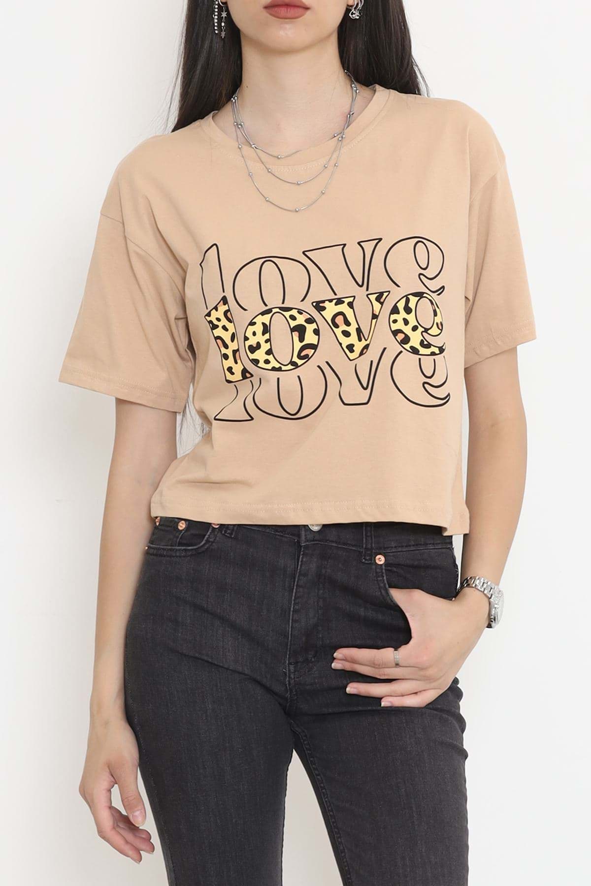 Baskılı Crop Tişört Vizon - 16483.1567. resmi