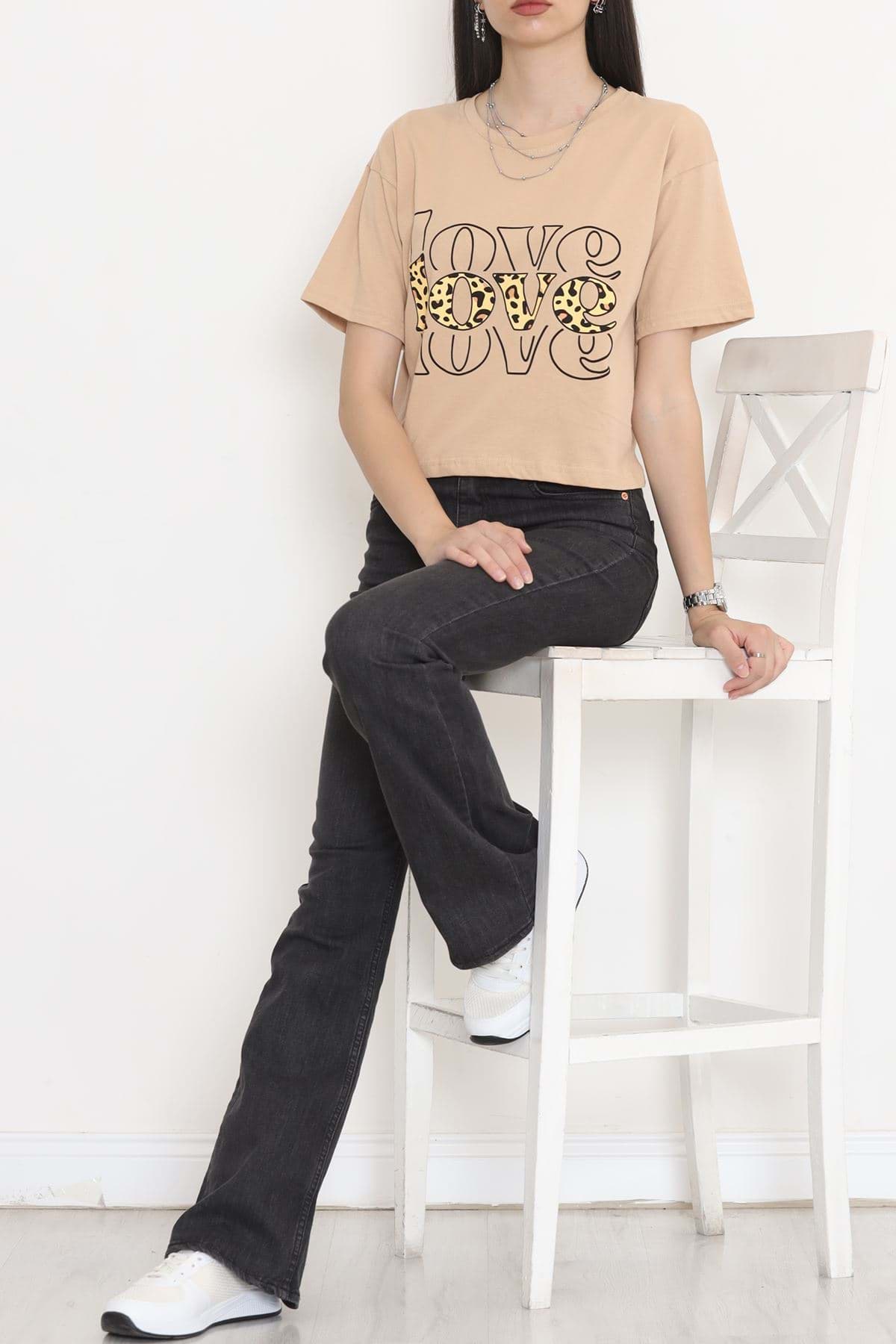 Baskılı Crop Tişört Vizon - 16483.1567. resmi