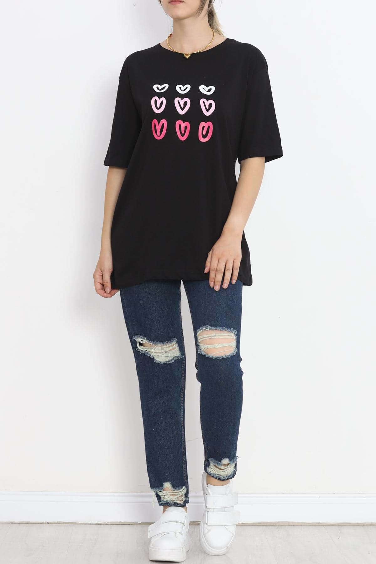 Kalp Baskılı Tişört Siyah - 18744.751. resmi