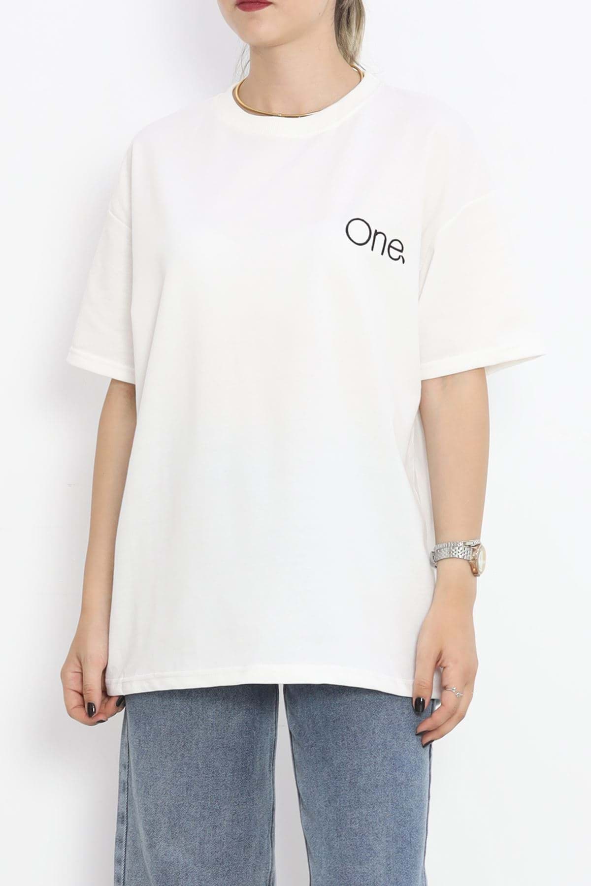 Nakışlı İki İplik Tişört Ekru - 18745.751. resmi