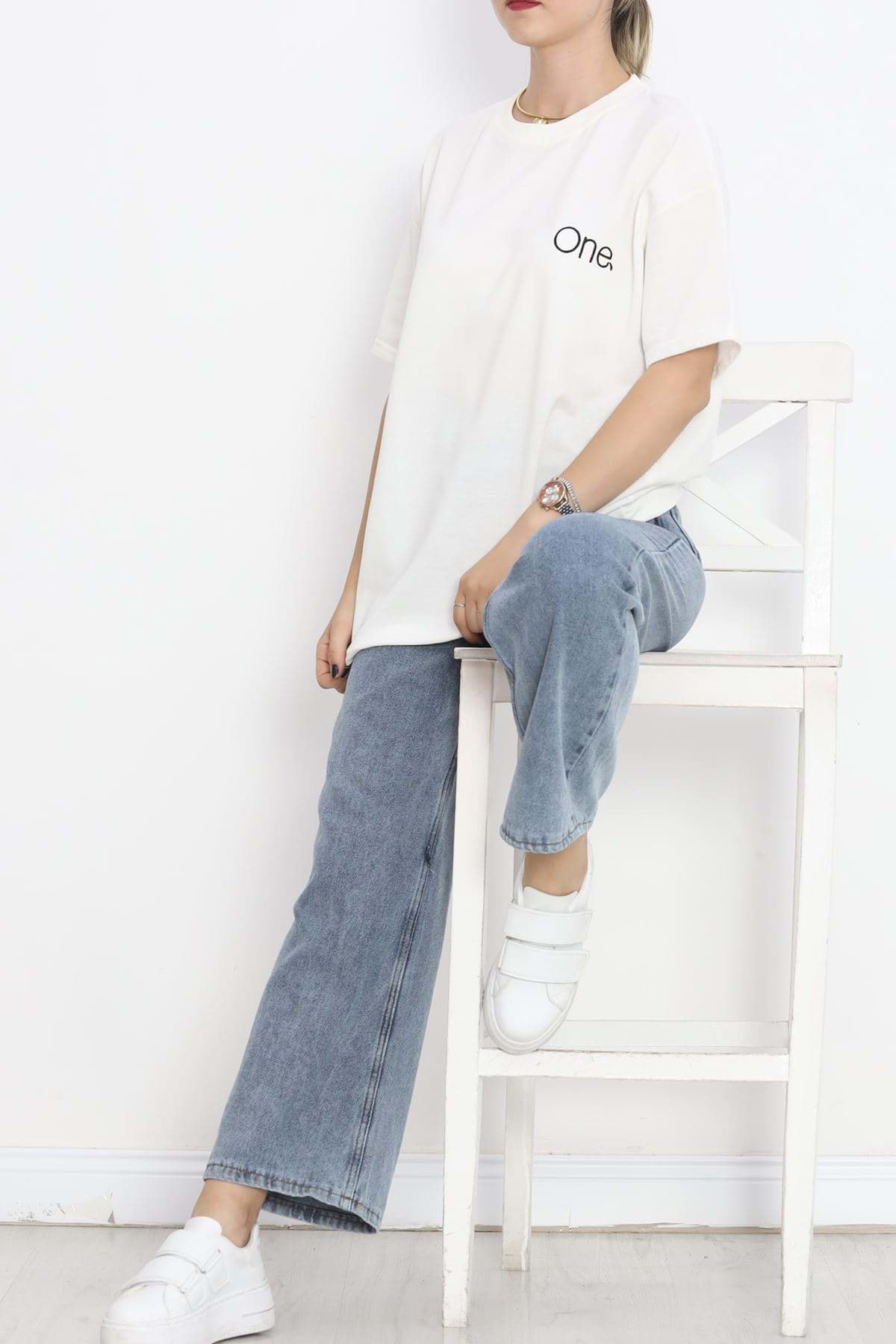 Nakışlı İki İplik Tişört Ekru - 18745.751. resmi