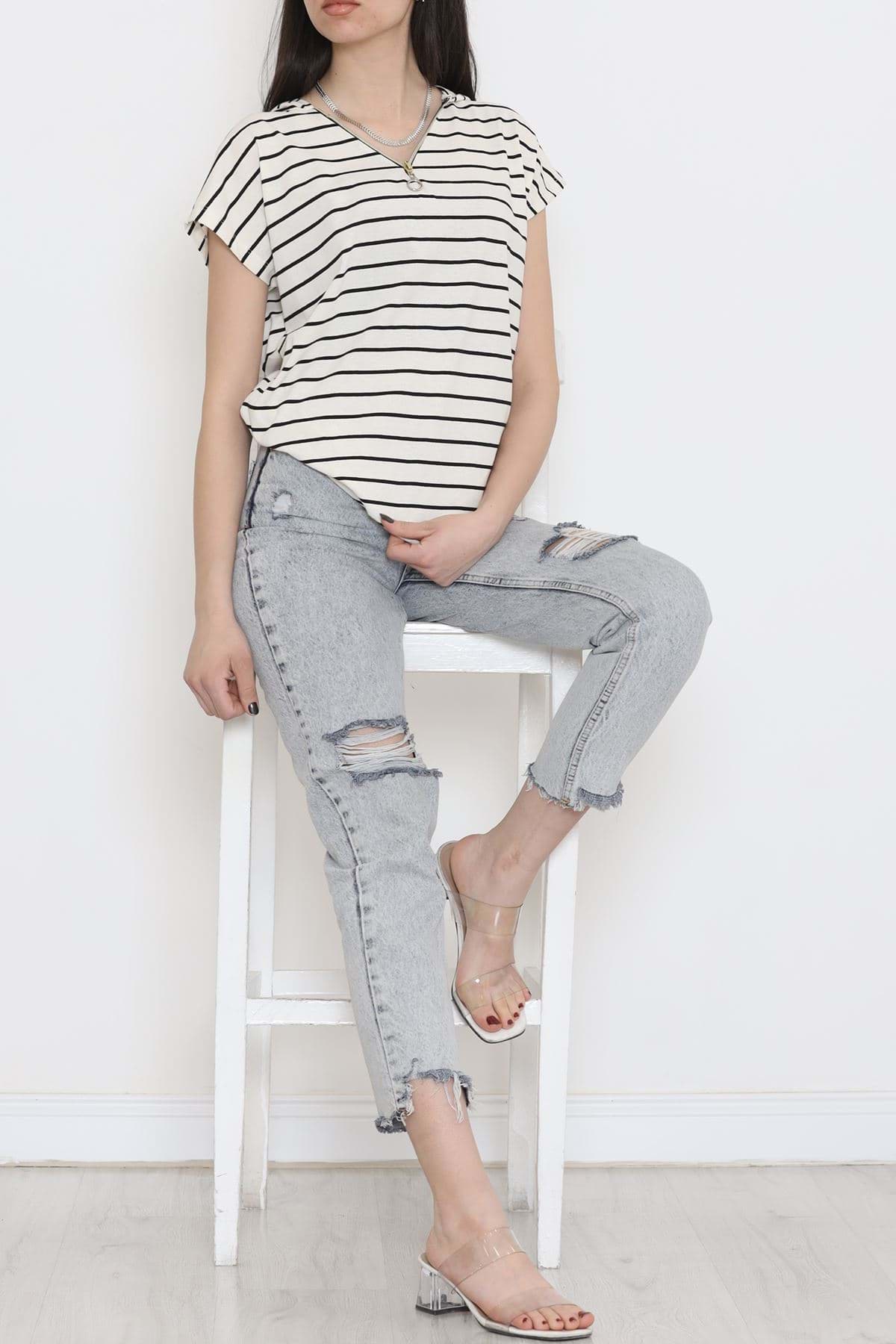 Çizgili Kapşonlu Tişört Bejsiyah - 15270.1567. resmi
