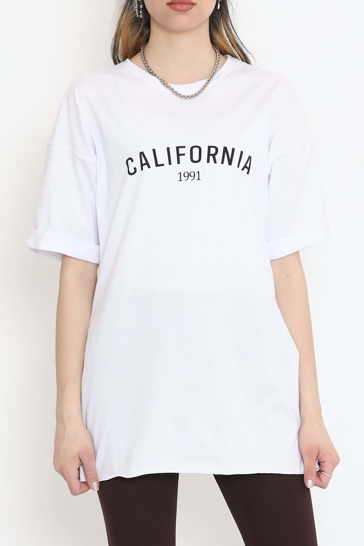 Yan Yırtmaçlı Baskılı Tişört Beyaz - 16562.1567. resmi