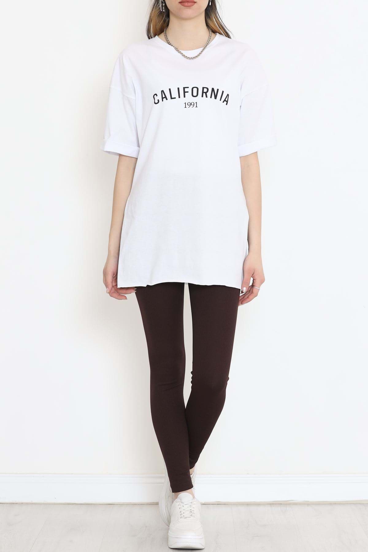 Yan Yırtmaçlı Baskılı Tişört Beyaz - 16562.1567. resmi