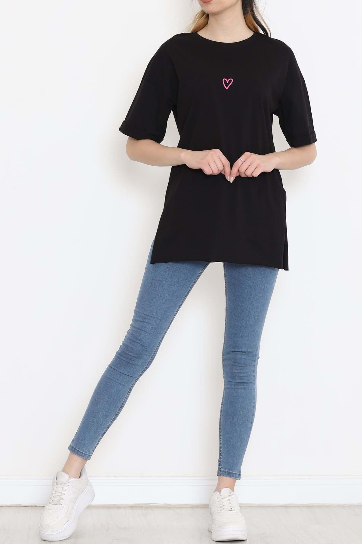 Duble Kol Baskılı Tişört Siyahpembe - 16556.1567. resmi