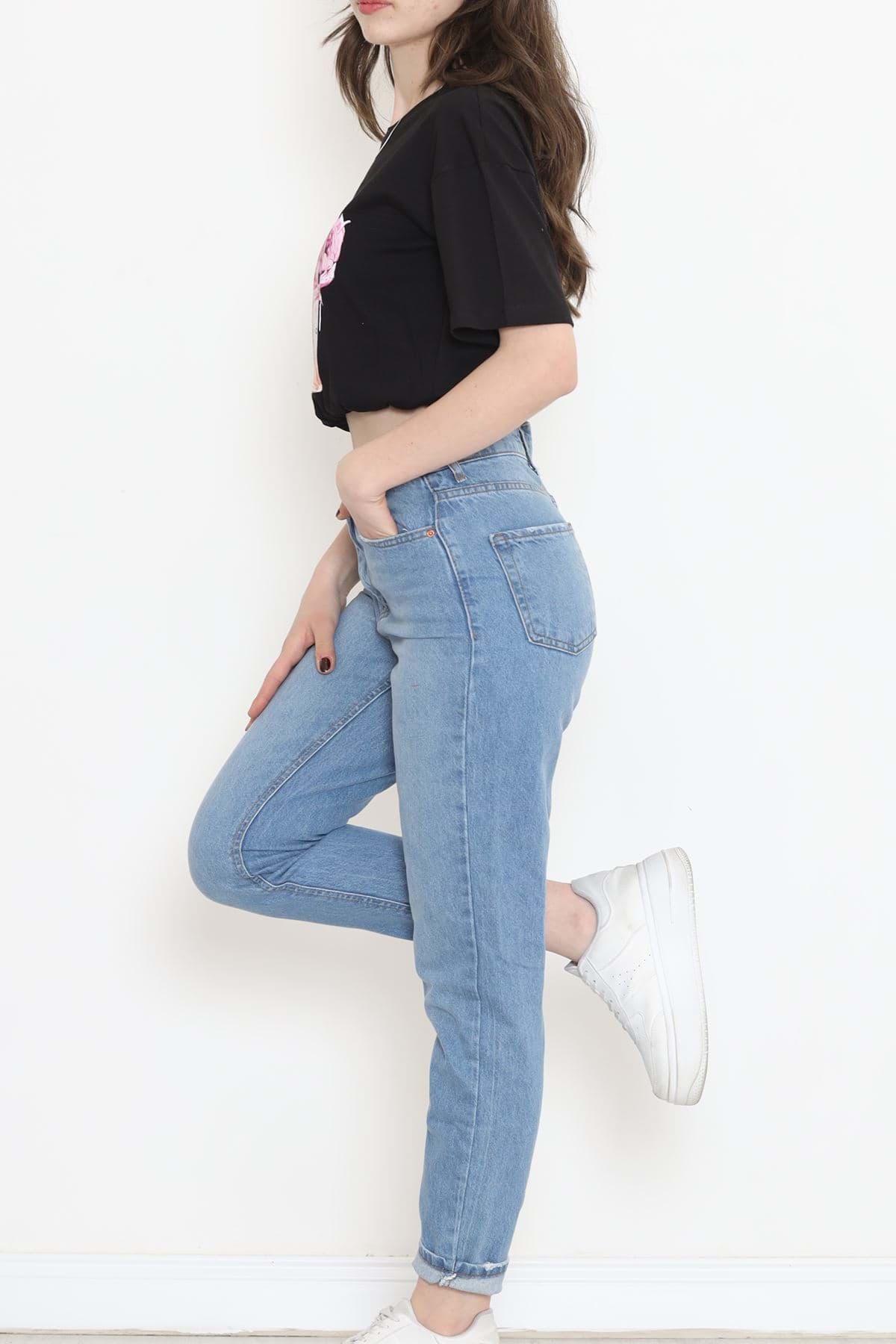 Baskılı Crop Tişört Siyah - 16544.1567. resmi