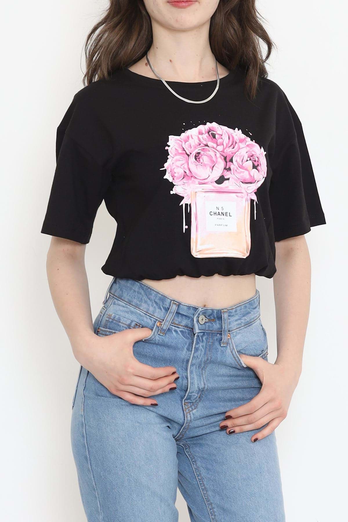 Baskılı Crop Tişört Siyah - 16544.1567. resmi