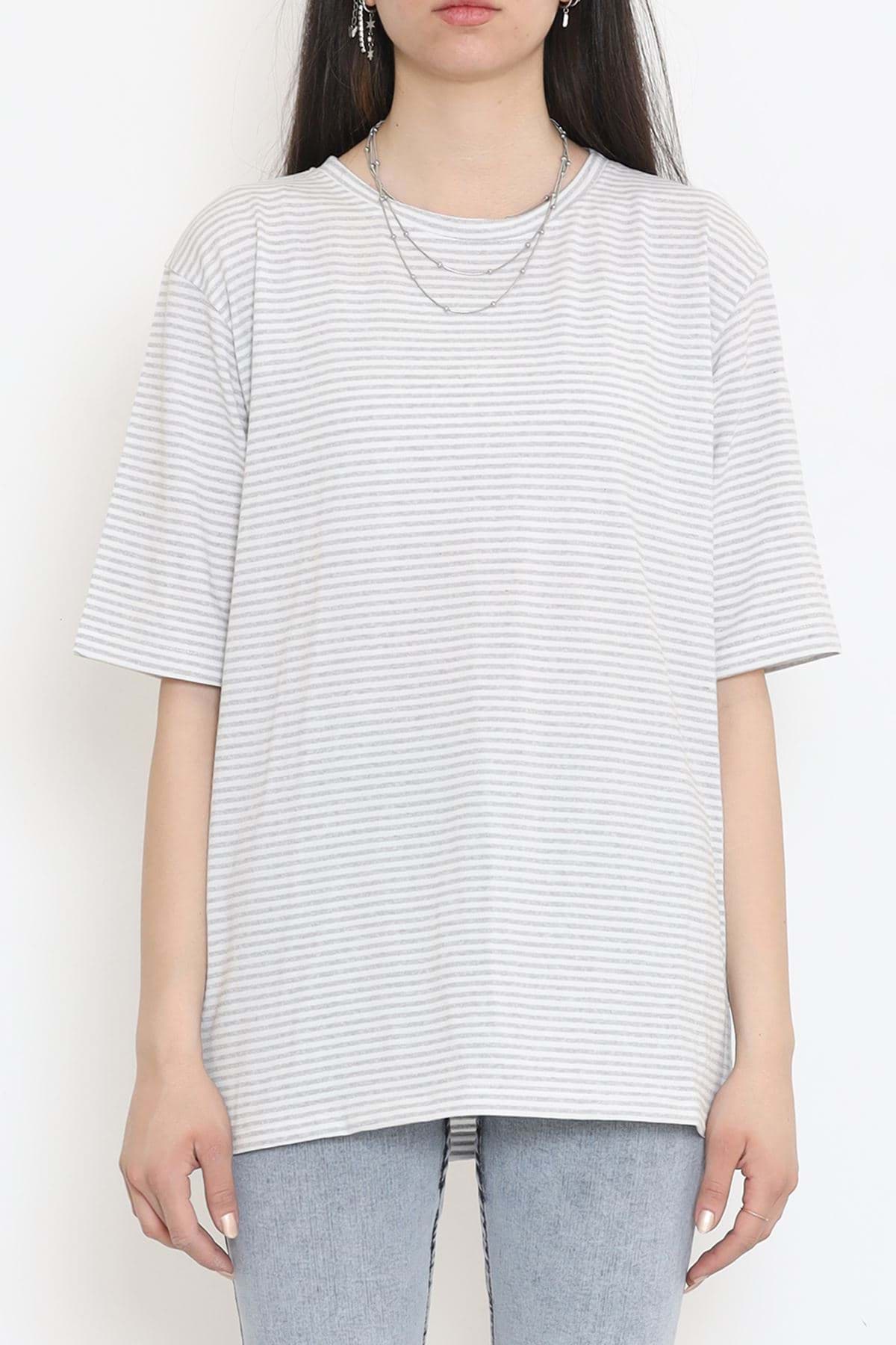 Çizgili Tişört Gribeyaz - 18181.1792. resmi