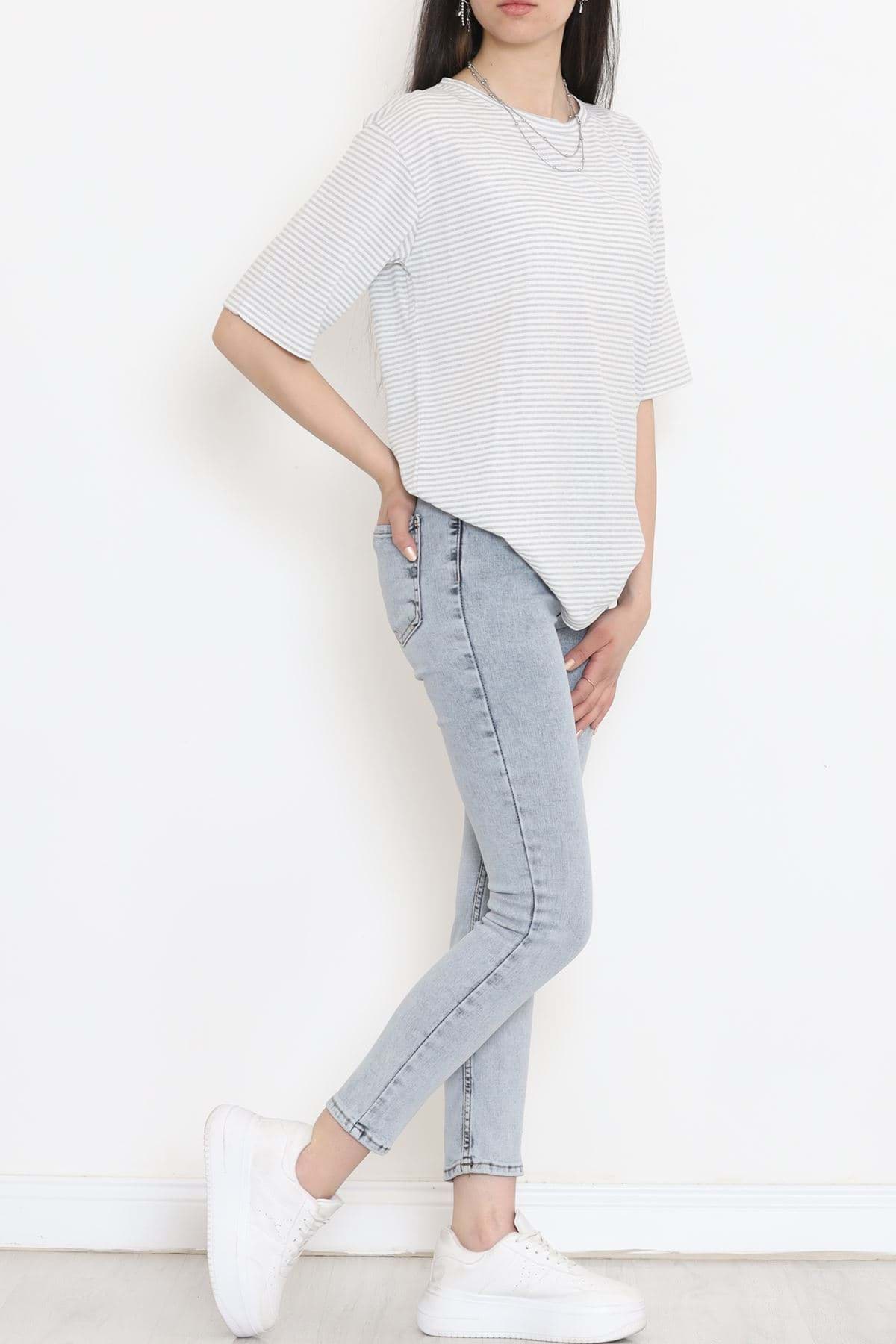 Çizgili Tişört Gribeyaz - 18181.1792. resmi