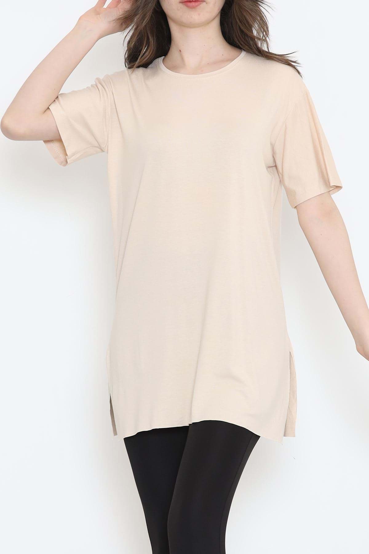 Yan Yırtmaçlı Tişört Bej - 20258.1778. resmi