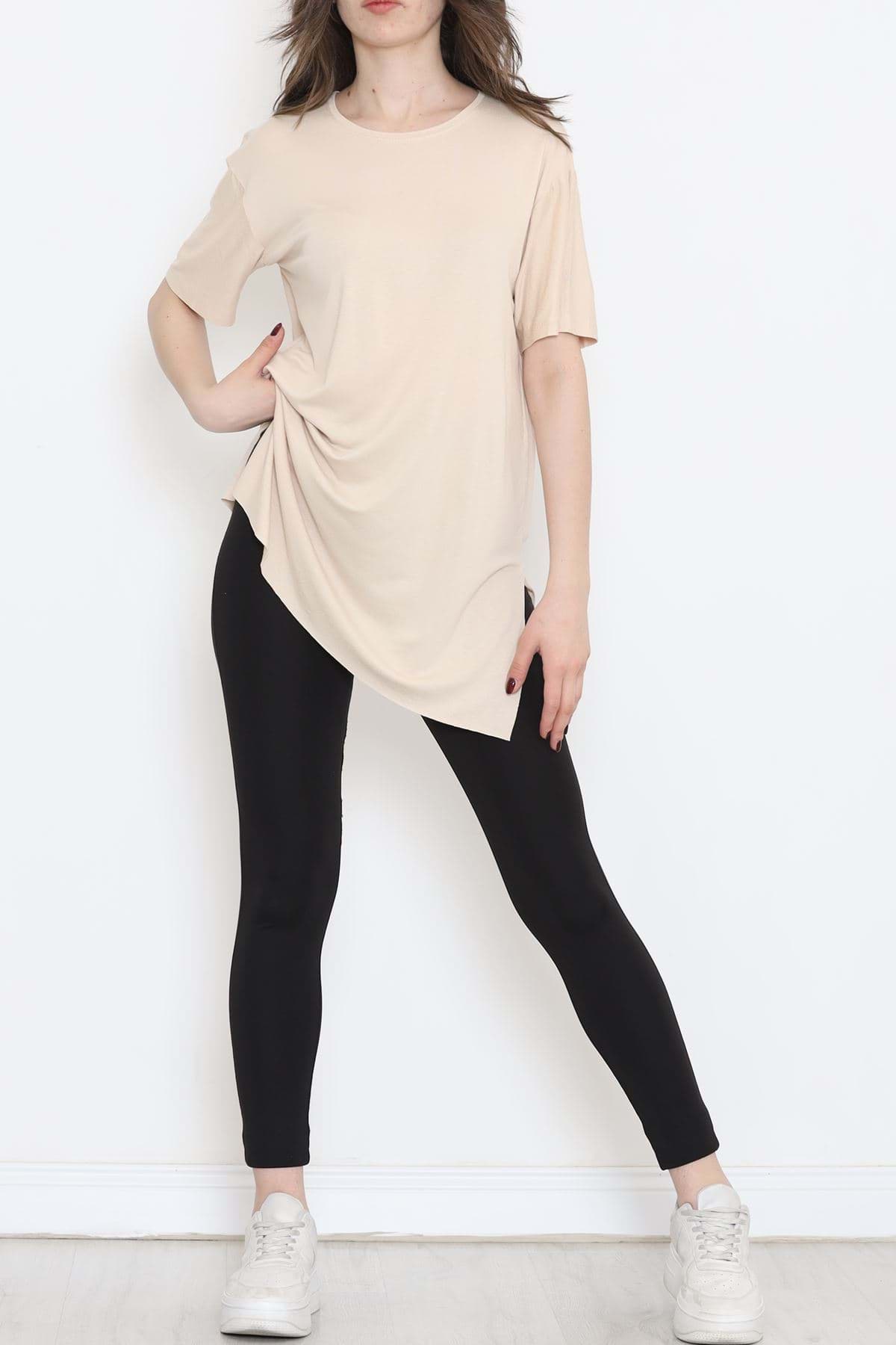 Yan Yırtmaçlı Tişört Bej - 20258.1778. resmi