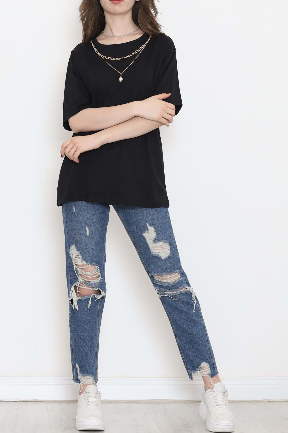 Kolye Detaylı Tişört Siyah - 2520.555. resmi