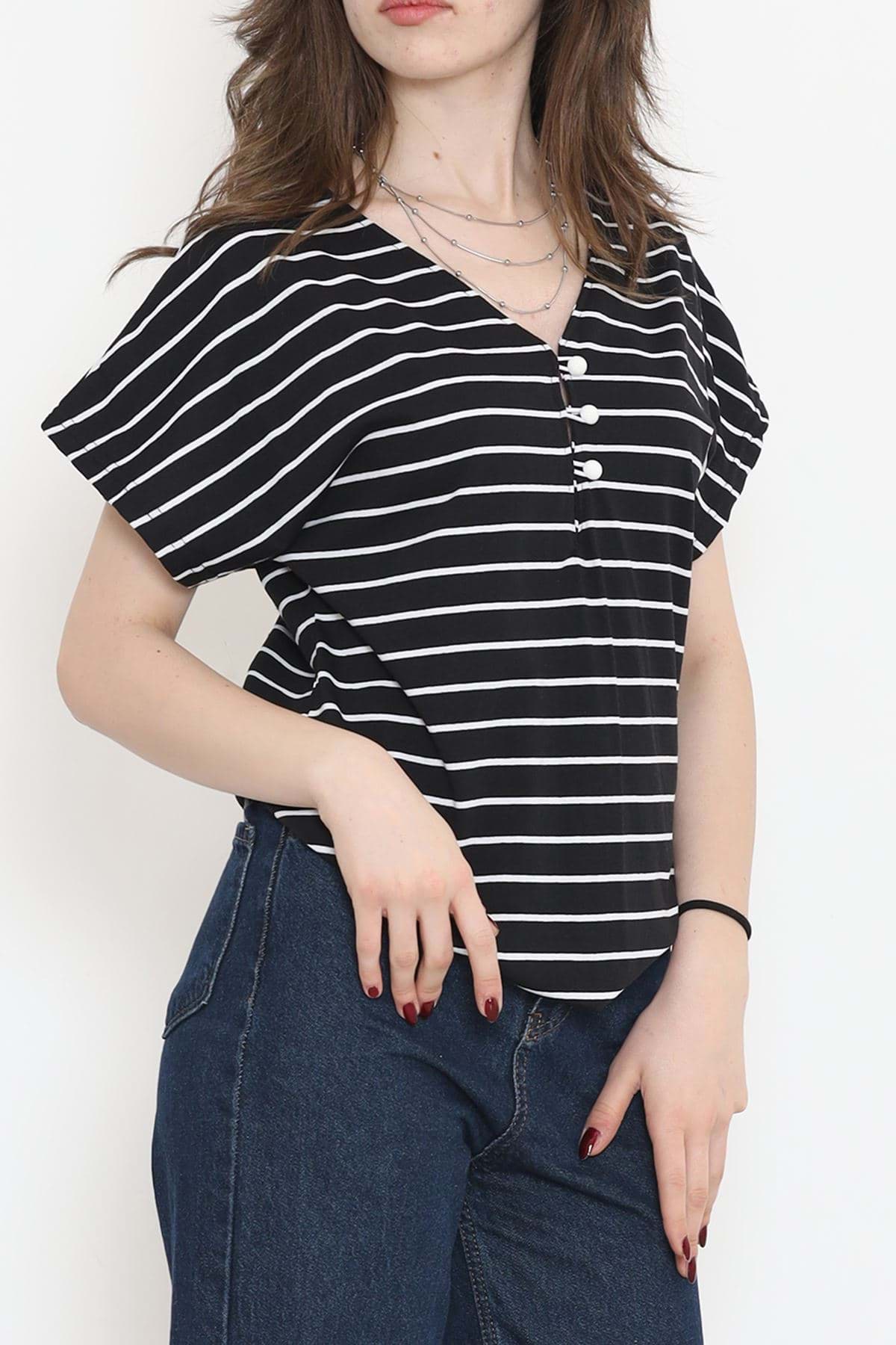 Suprem Çizgili Düğmeli Tişört Siyah - 15921.1567. resmi