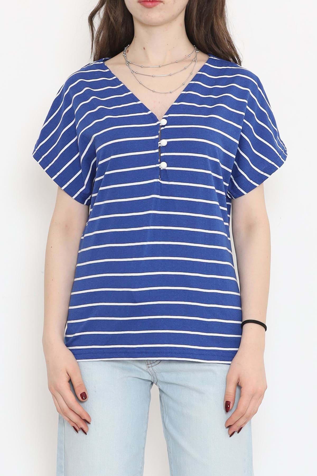 Suprem Çizgili Düğmeli Tişört Saks - 15921.1567. resmi