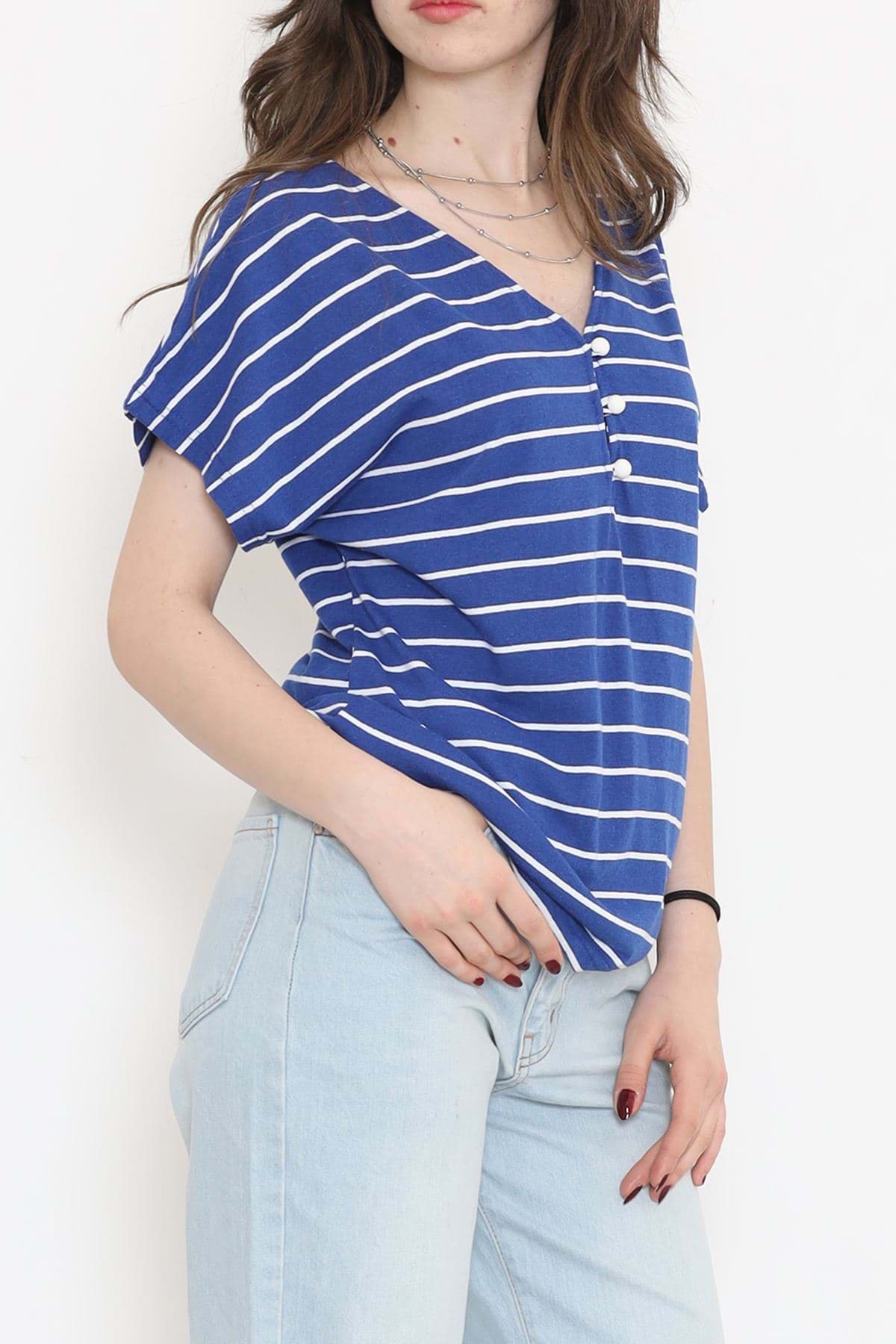 Suprem Çizgili Düğmeli Tişört Saks - 15921.1567. resmi