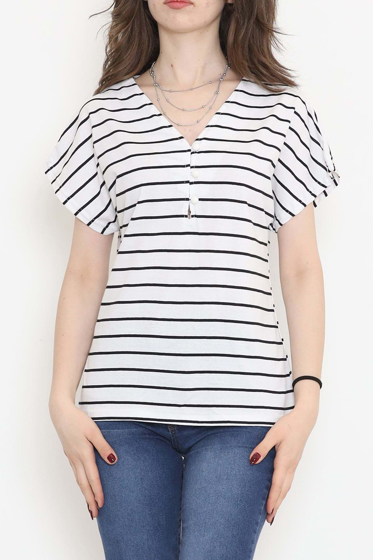 Suprem Çizgili Düğmeli Tişört Beyaz - 15921.1567. resmi