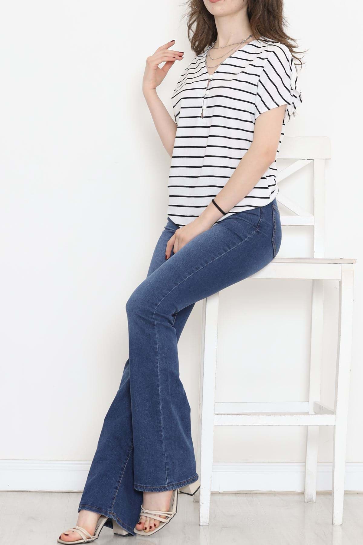 Suprem Çizgili Düğmeli Tişört Beyaz - 15921.1567. resmi