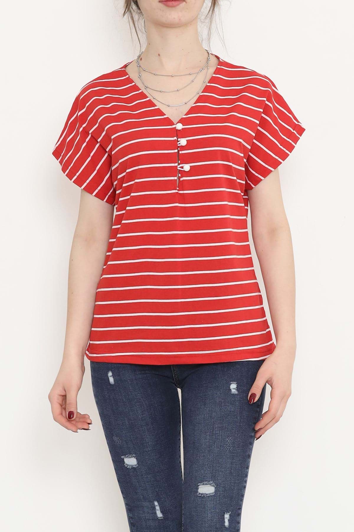 Suprem Çizgili Düğmeli Tişört Kırmızı - 15921.1567. resmi