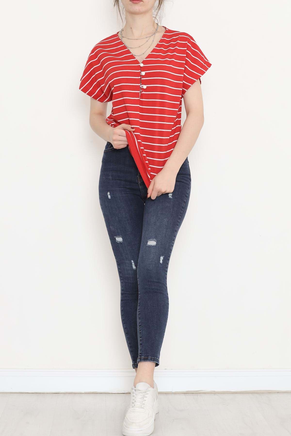 Suprem Çizgili Düğmeli Tişört Kırmızı - 15921.1567. resmi