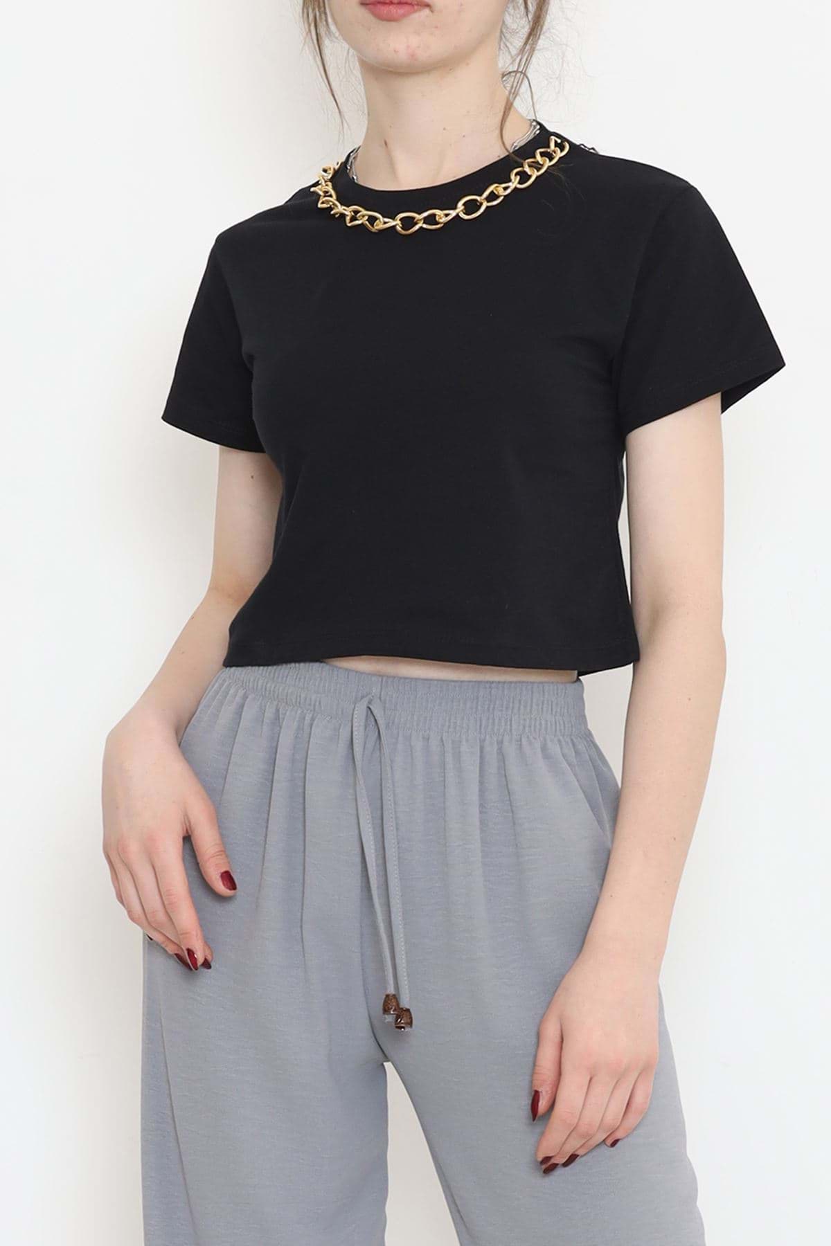 Zincirli Crop Tişört Siyah - 673.1247. resmi