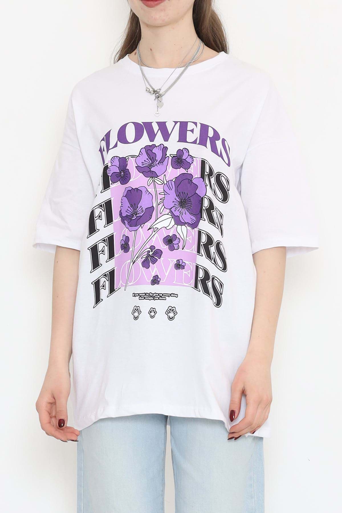 Baskılı Oversize Tişört Beyaz - 16505.1567. resmi