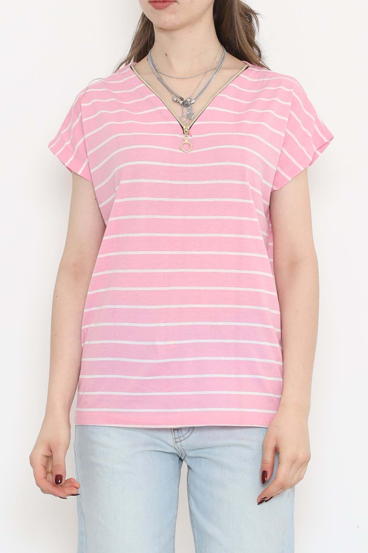 Fermuarlı Çizgili Tişört Pembe - 9657.1567. resmi