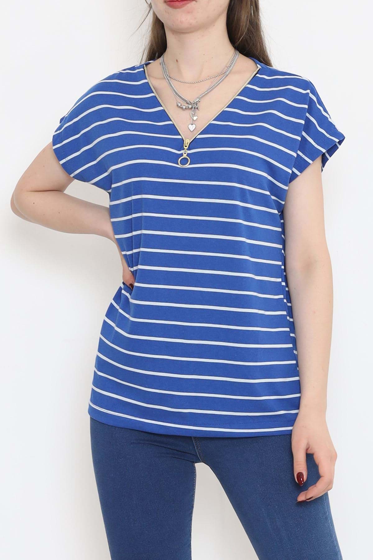 Fermuarlı Çizgili Tişört Saksbeyaz - 9657.1567. resmi