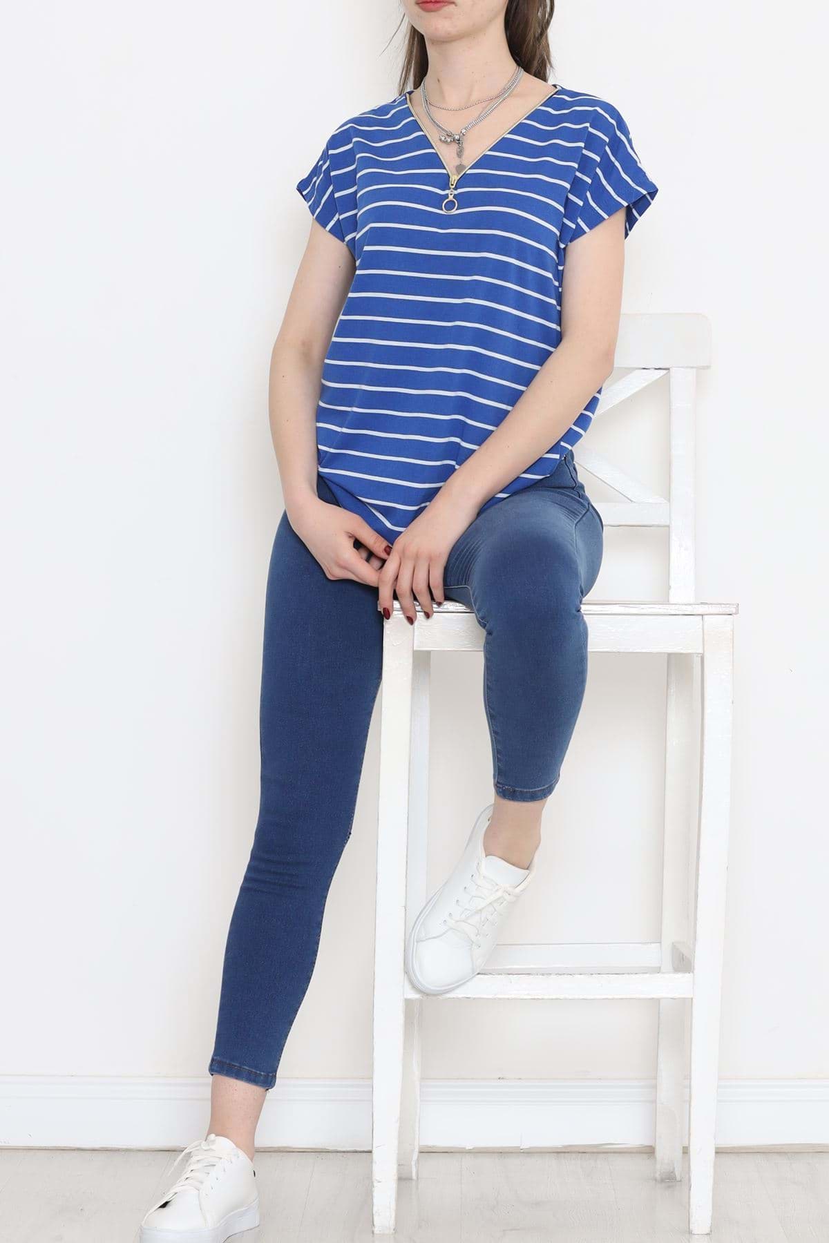 Fermuarlı Çizgili Tişört Saksbeyaz - 9657.1567. resmi