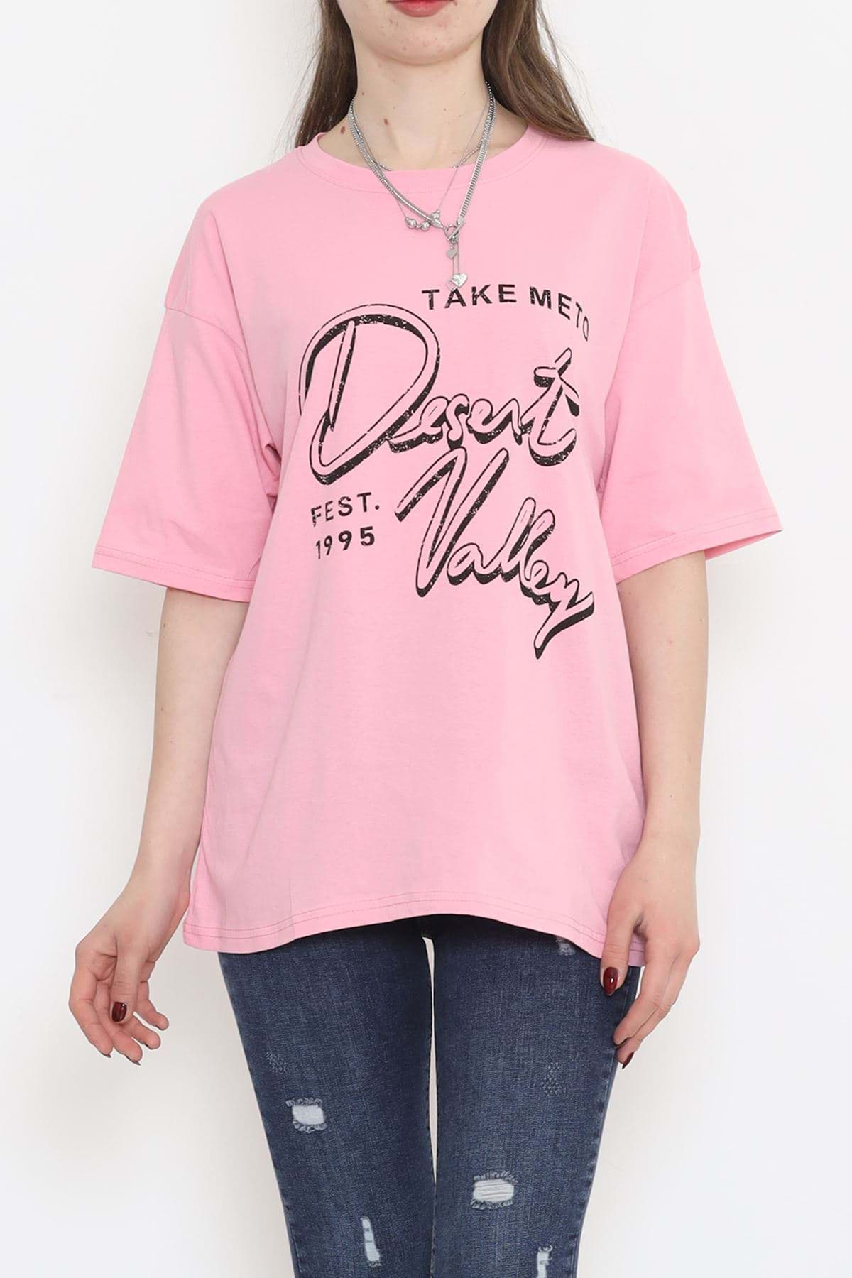 Baskılı Bisiklet Yaka Tişört Pembe - 16516.1567. resmi